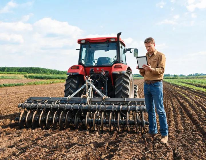 Tractor operator reviewing field plan beside mounted disc harrow